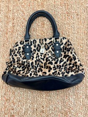 Leopard Print Faux Fur Shoulder Bag with Black Trim